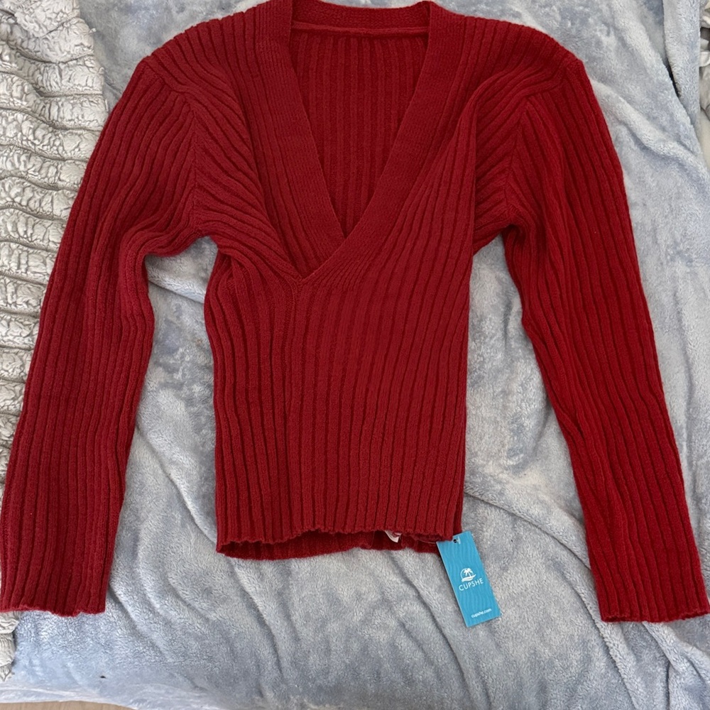 Cupshe Deep Red V-Neck Sweater